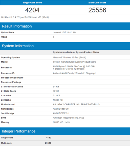 AMD Ryzen 5 1600X Geekbench Stock