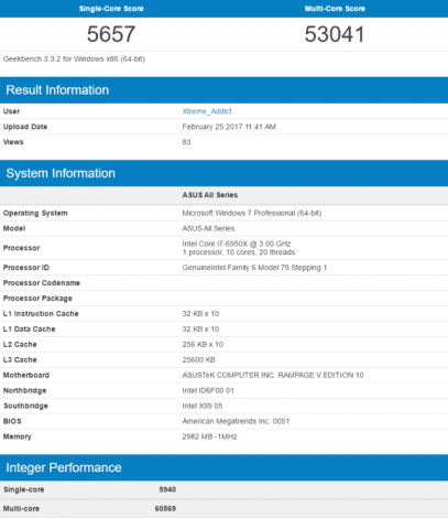 Intel Core i7 6950X Geekbench 3 Stock