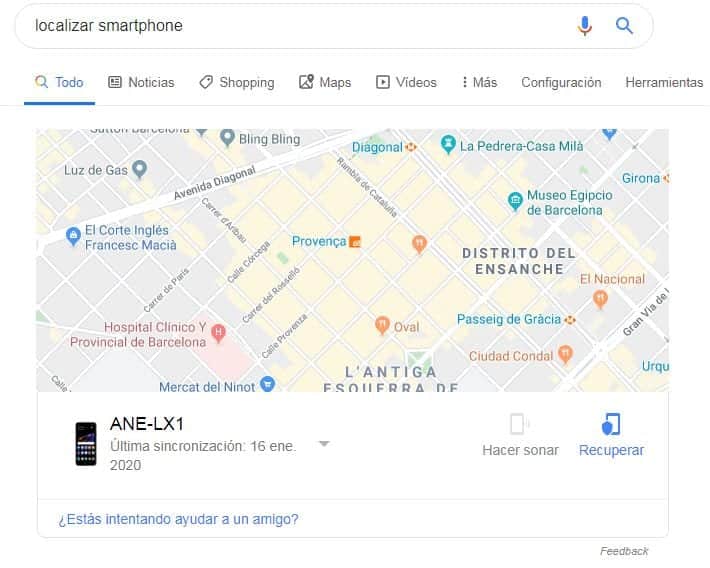 Ejemplo de búsqueda para encontrar nuestro smartphone Android