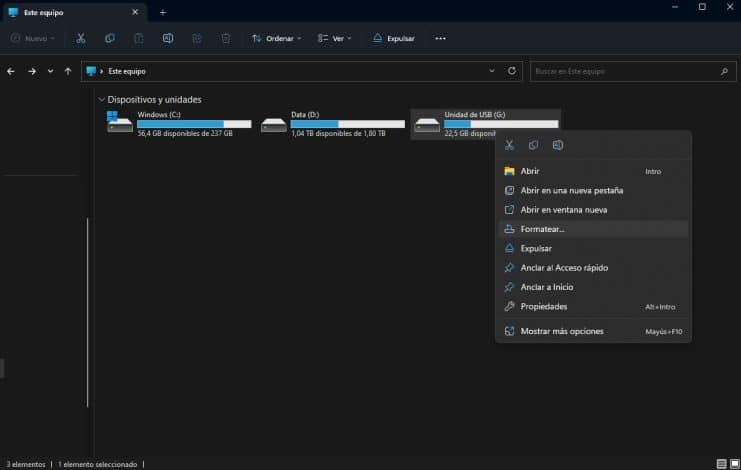 Explorador de Windows mostrando cómo se peude formatear una unidad externa