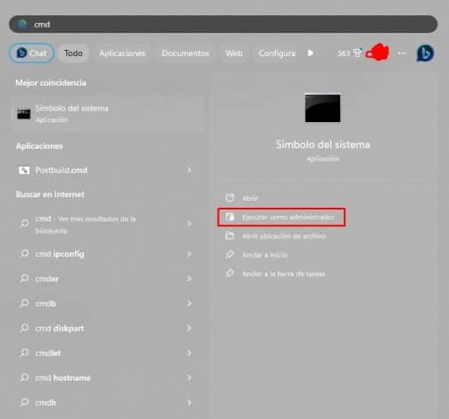 Menú de Inicio de Windows con la opción Símbolo del Sistema, marcando Ejecutar como Administrador